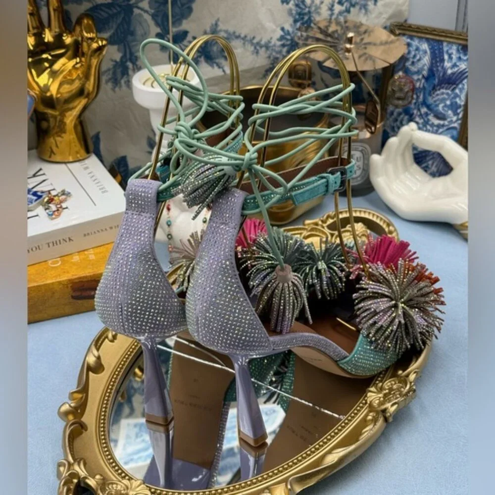 🆕 KURT GEIGER LONDON 🧿 NWOB Lilac & Teal Pom Pom Tie Ankle Heel, Sz 36 US 6 - Picture 8 of 15